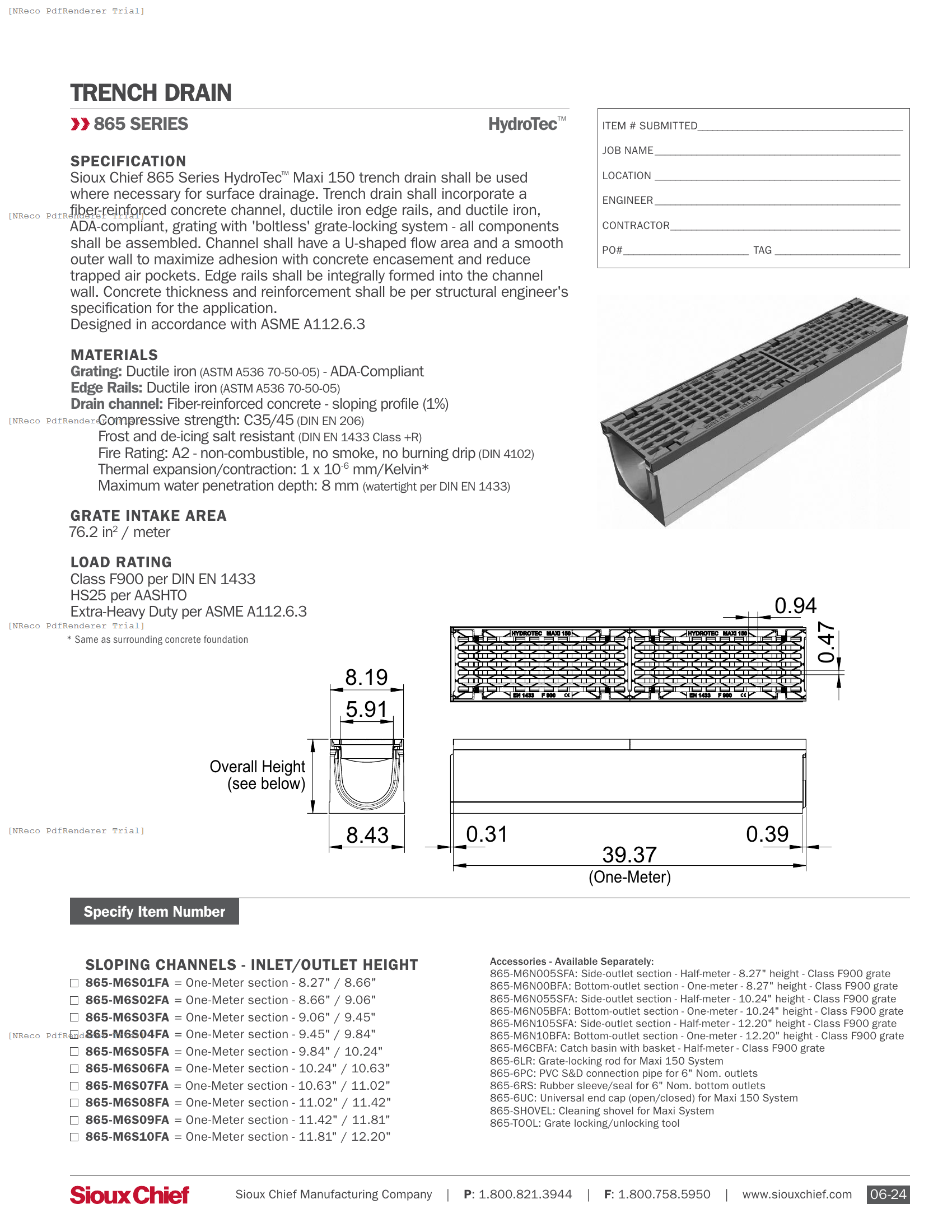 865 SERIES - HYDROTEC MAXI 150 CLASS F900 SLOPING - SPEC SHEET.PDF Specification Document